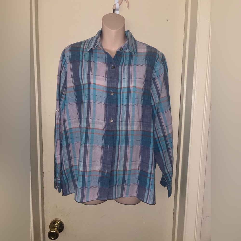 Alfred Dunner.Teal and Lavender Plaid Shirt 55% Linen. Size 12